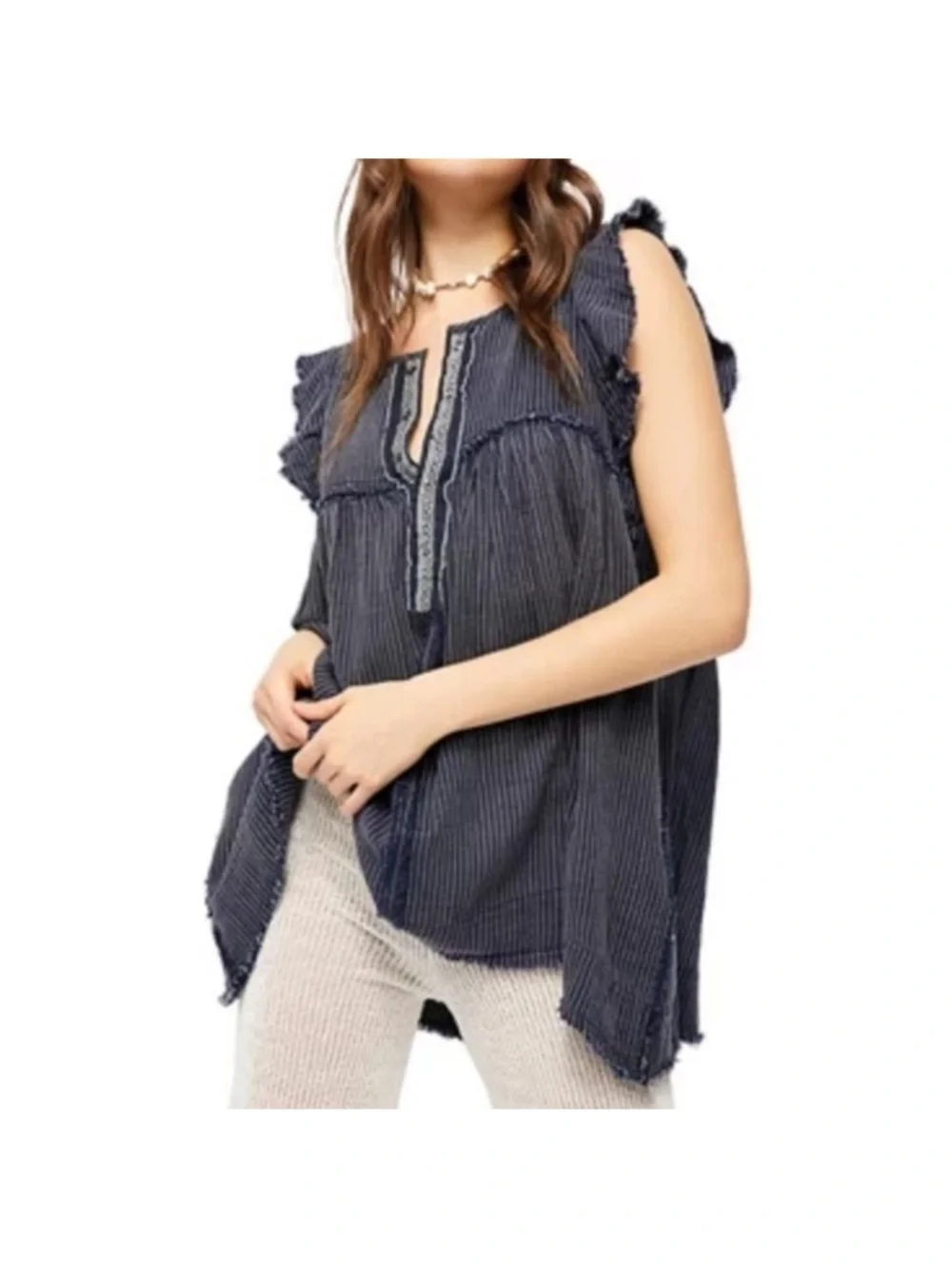 Free People We The Free Blue Ridge Indigo Top Tunic Dress White Blue Stripes Sml